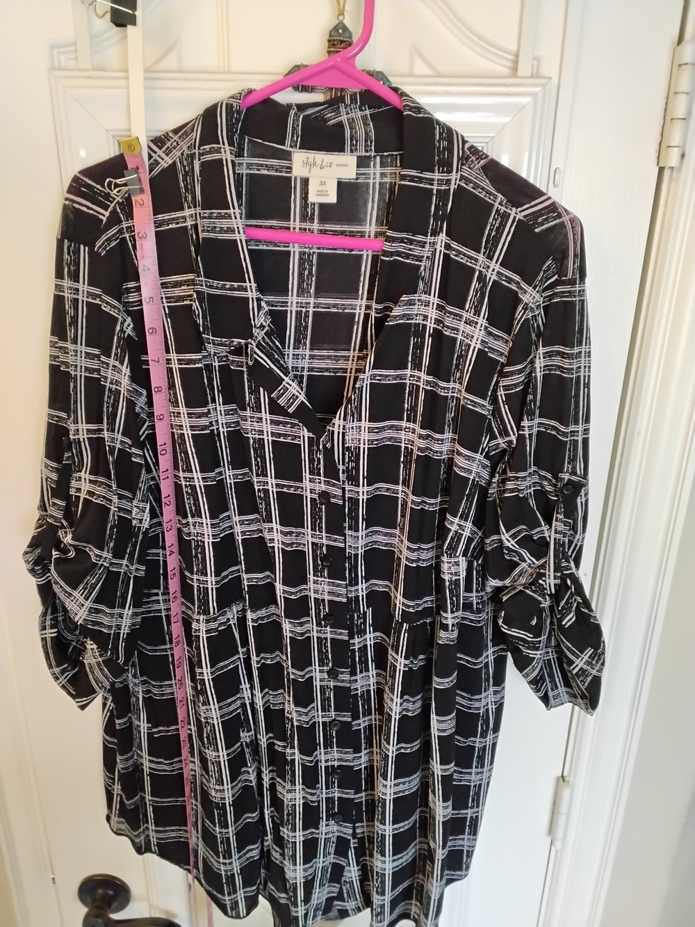 Style & Co. Black and White Windowpane Button-Front Blouse